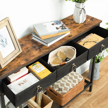 Klassyx Console Table with Rustic Wood Top and Storage Baskets for Organising Living Space