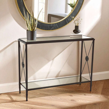 Orsina Console Table with Black Metal Frame and Glass Top for Stylish Home Decor