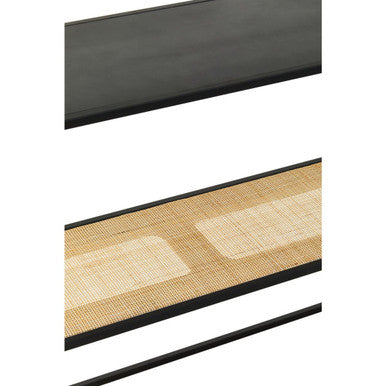 Orsina Console Table with a sleek black top and woven cane shelf for stylish storage