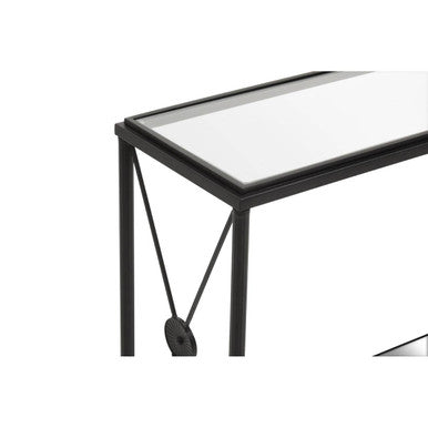 Orsina Console Table with a sleek glass top and black metal frame for modern interiors
