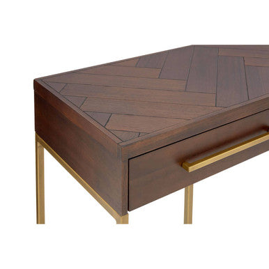 Orsina Console Table in a rich wood finish with geometric pattern and sleek gold legs