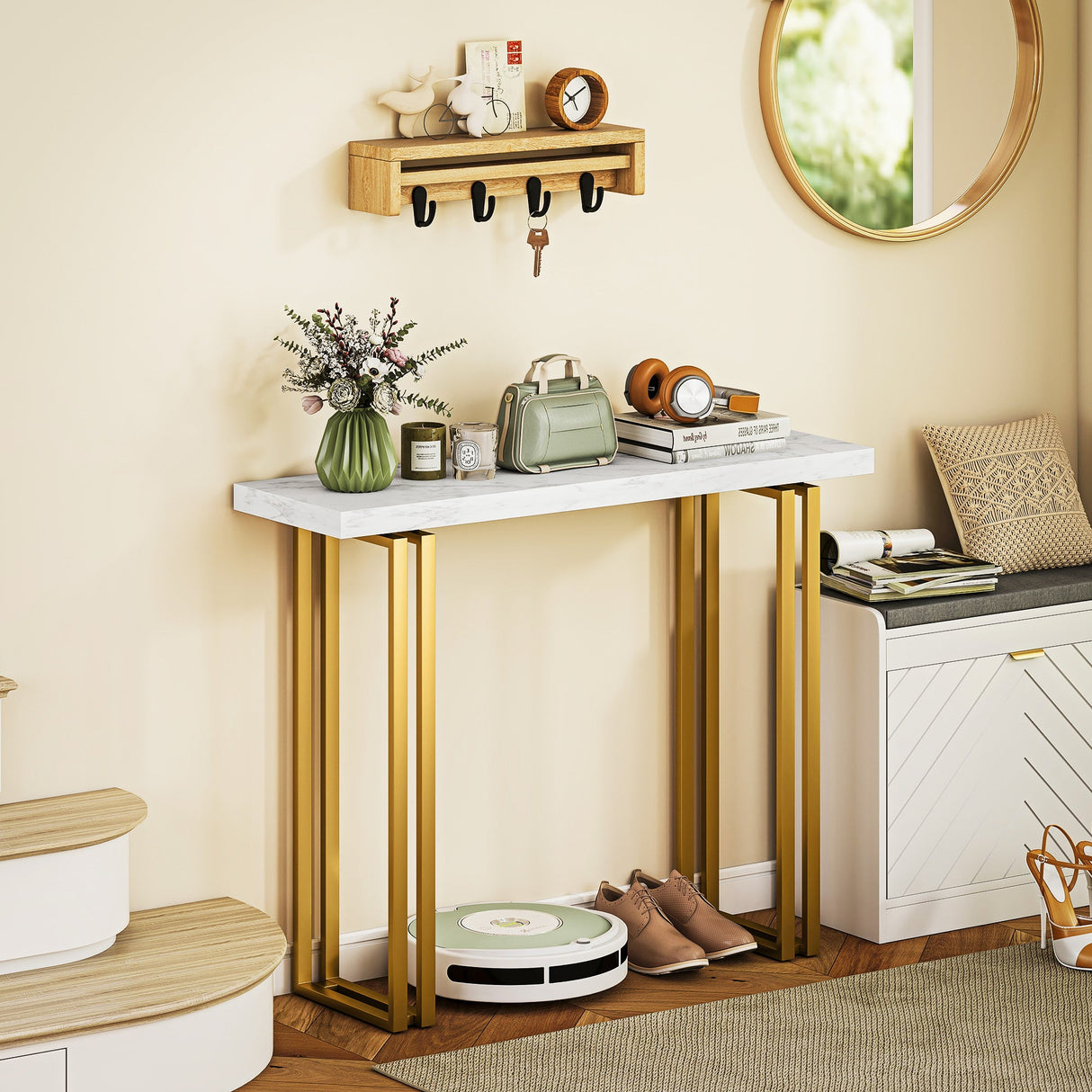 Elegant Console Table with White Marble Top and Gold Legs, perfect for stylish entryways