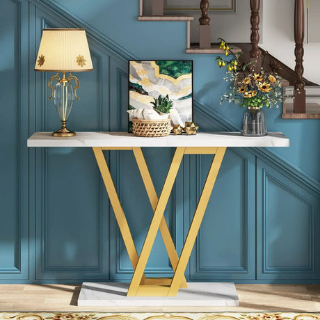 Klassyx Console Table with a sleek white top and stylish gold geometric legs, perfect for modern homes