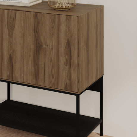 Decortie Console Table in wood finish with sleek black metal legs and minimalist design