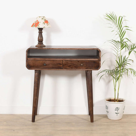 Verty Furniture Console Table in Dark Wood with Two Drawers and Decorative Lamp