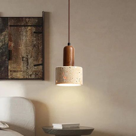 Modern pendant light with a beige shade and wooden details, ideal for stylish interiors