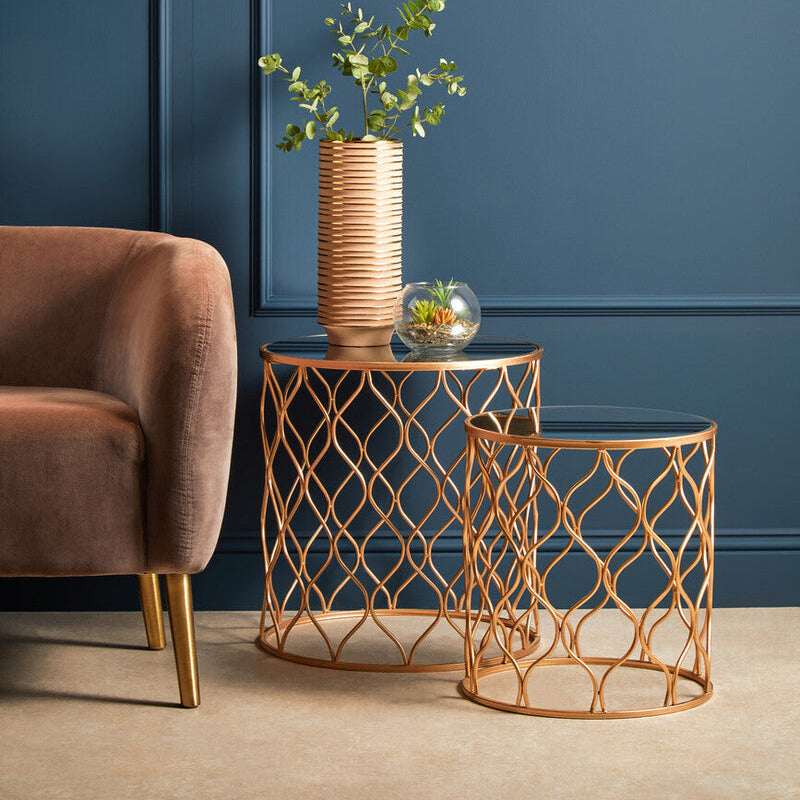 Avantis Set Of Two Mirrored Top Copper Tables Orsina