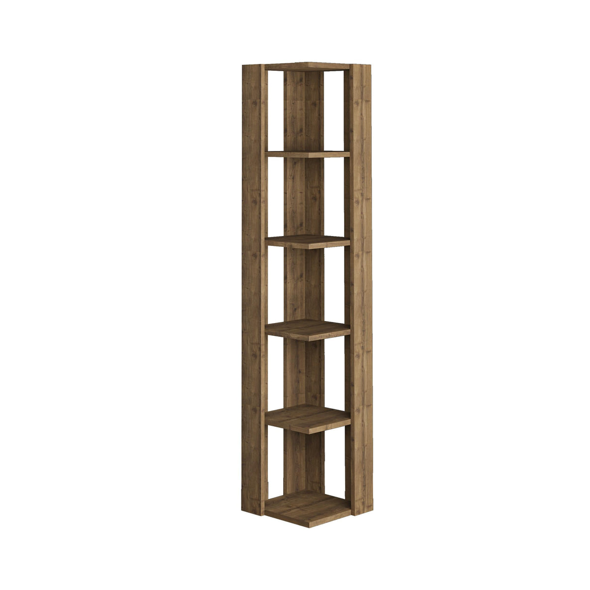 Decortie Corner Bookcase in rustic brown wood finish with six open shelves for stylish storage