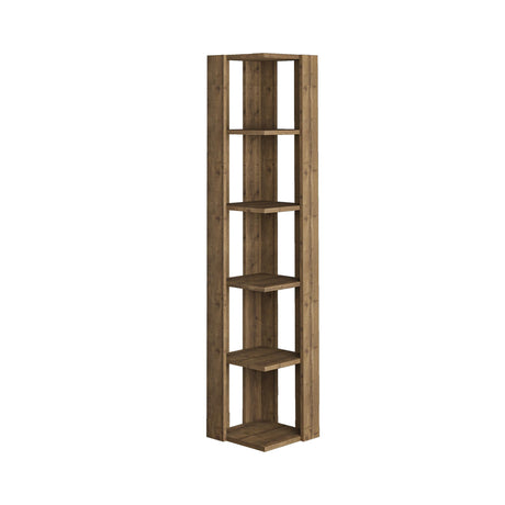 Decortie Corner Bookcase in rustic brown wood finish with six open shelves for stylish storage