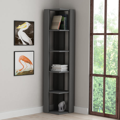 Decortie Corner Bookcase in Stylish Grey with Five Shelves for Home Storage and Decor