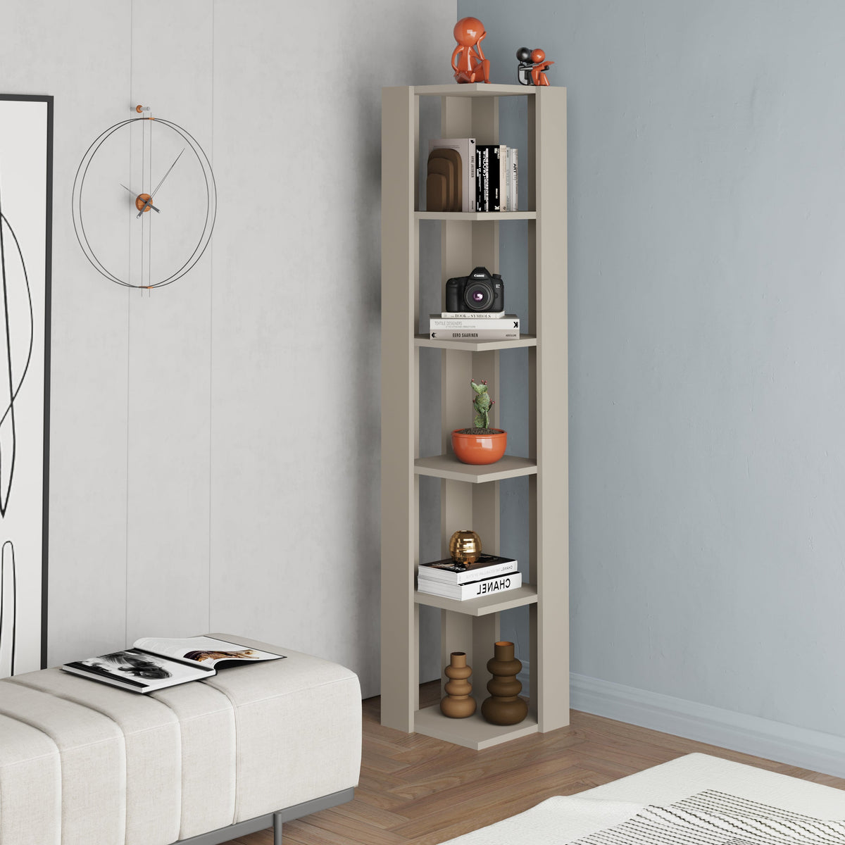 Decortie Corner Bookcase in light wood finish with multiple shelves for modern home decor