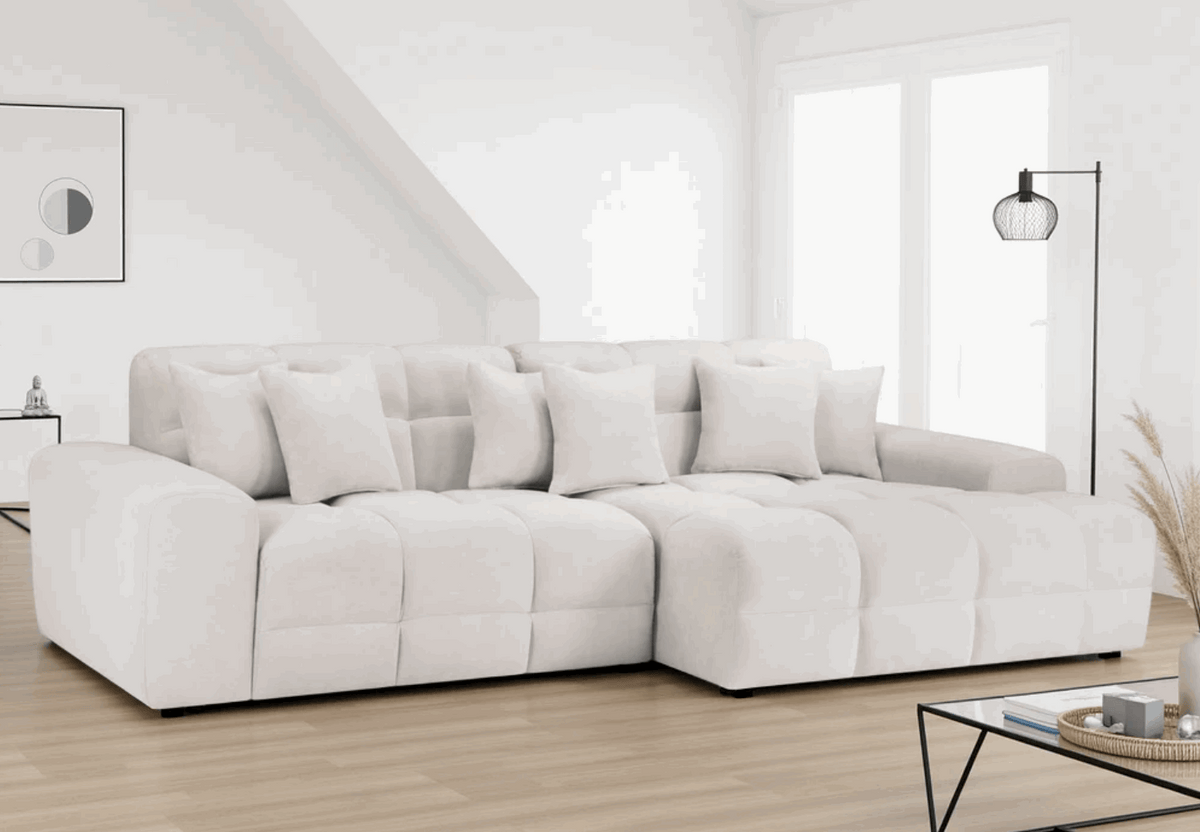 Stylish Corner Sofa in Light Fabric with Plush Cushions for Modern Living Rooms