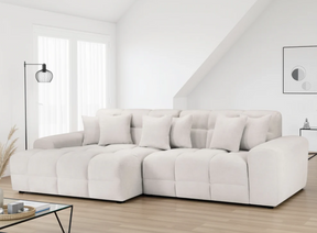 Modern Corner Sofa in Soft Beige Fabric with Plush Cushions for Stylish Living Rooms