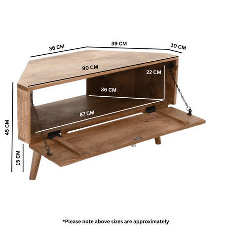Verty Furniture Corner TV Stand with Natural Wood Finish and Open Shelves for Enhanced Living Room Decor