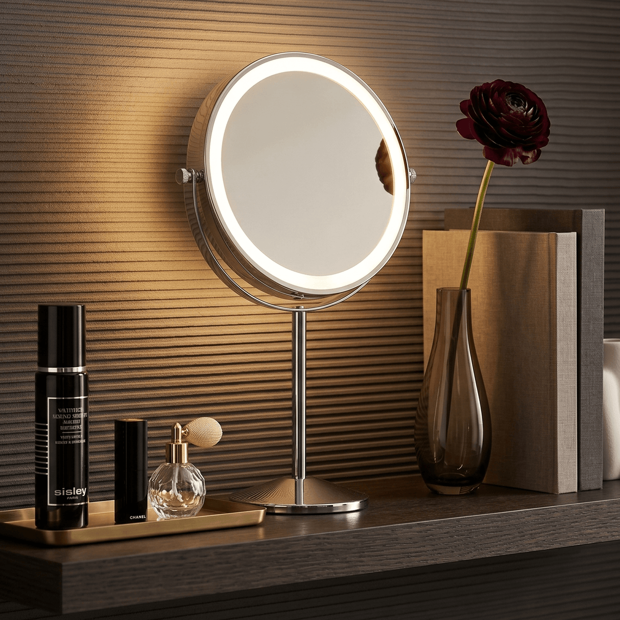 Hollywood Mirrors Cosmetic Mirror with LED Light on a Stylish Shelf for Makeup Application