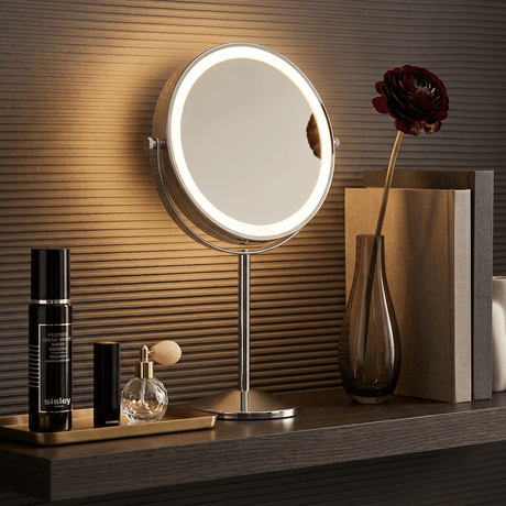 Hollywood Mirrors Cosmetic Mirror with LED Light on a Stylish Shelf for Makeup Application