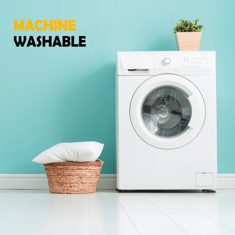 OLIVIA ROCCO Cotton Blend Pillows on a white floor next to a washing machine for easy care