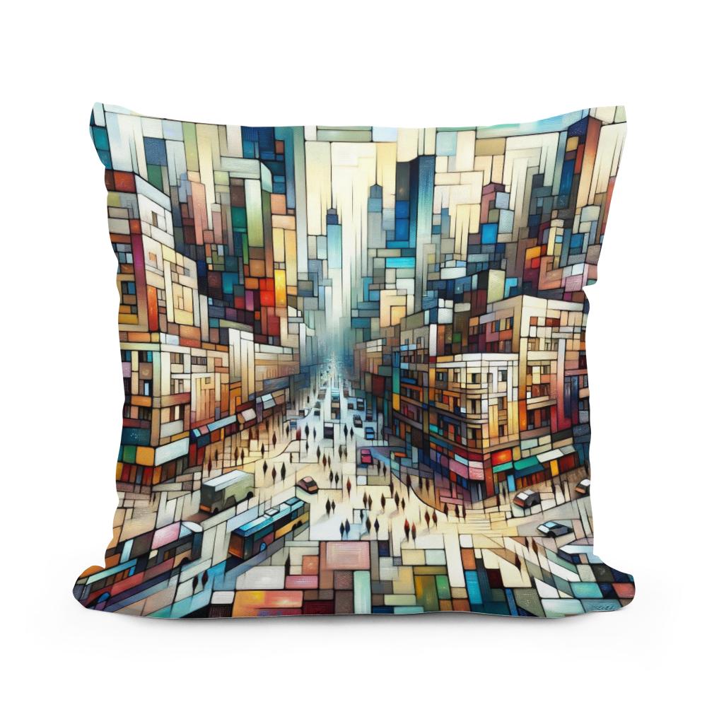 Colourful Cotton Cushion with Abstract Cityscape Design for Home Decor