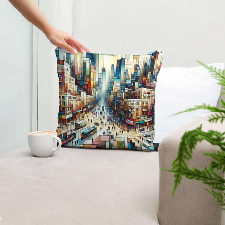 Colourful Cotton Cushion by HOME ART HAVEN with abstract cityscape design for stylish home decor