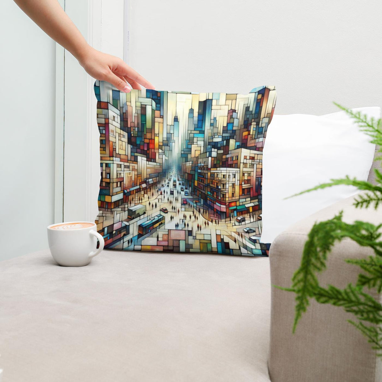 Colourful Cotton Cushion by HOME ART HAVEN with abstract cityscape design for stylish home decor