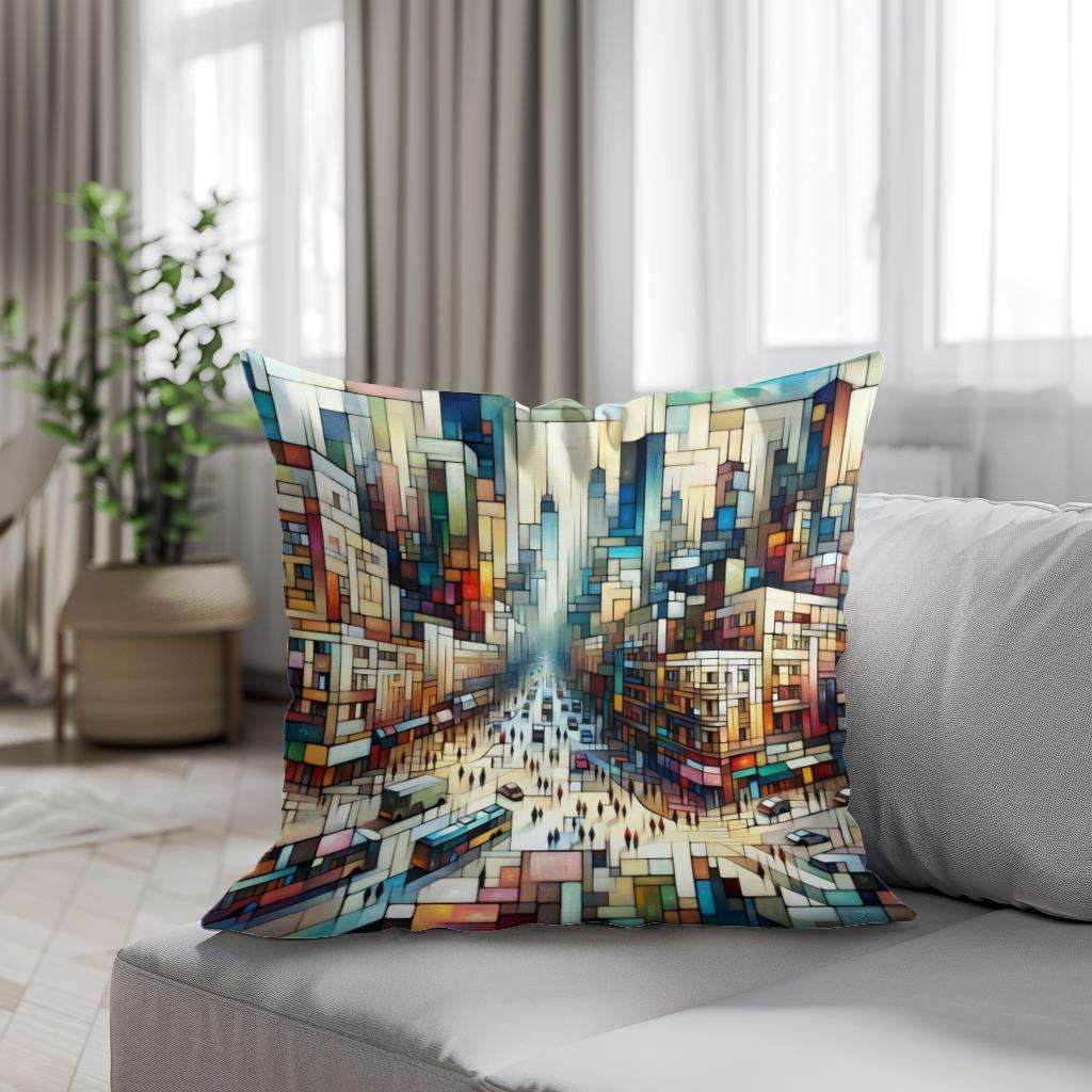 HOME ART HAVEN Cotton Cushion featuring a vibrant cityscape design for modern home decor