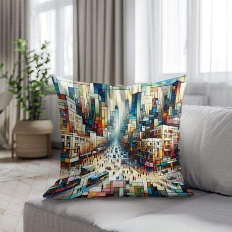 HOME ART HAVEN Cotton Cushion featuring a vibrant cityscape design for modern home decor