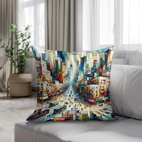 HOME ART HAVEN Cotton Cushion featuring a vibrant cityscape design for modern home decor