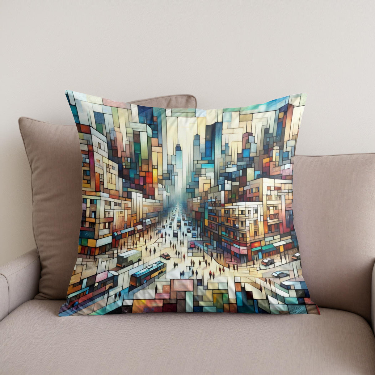 Colourful Cotton Cushion featuring an abstract cityscape design perfect for home decor