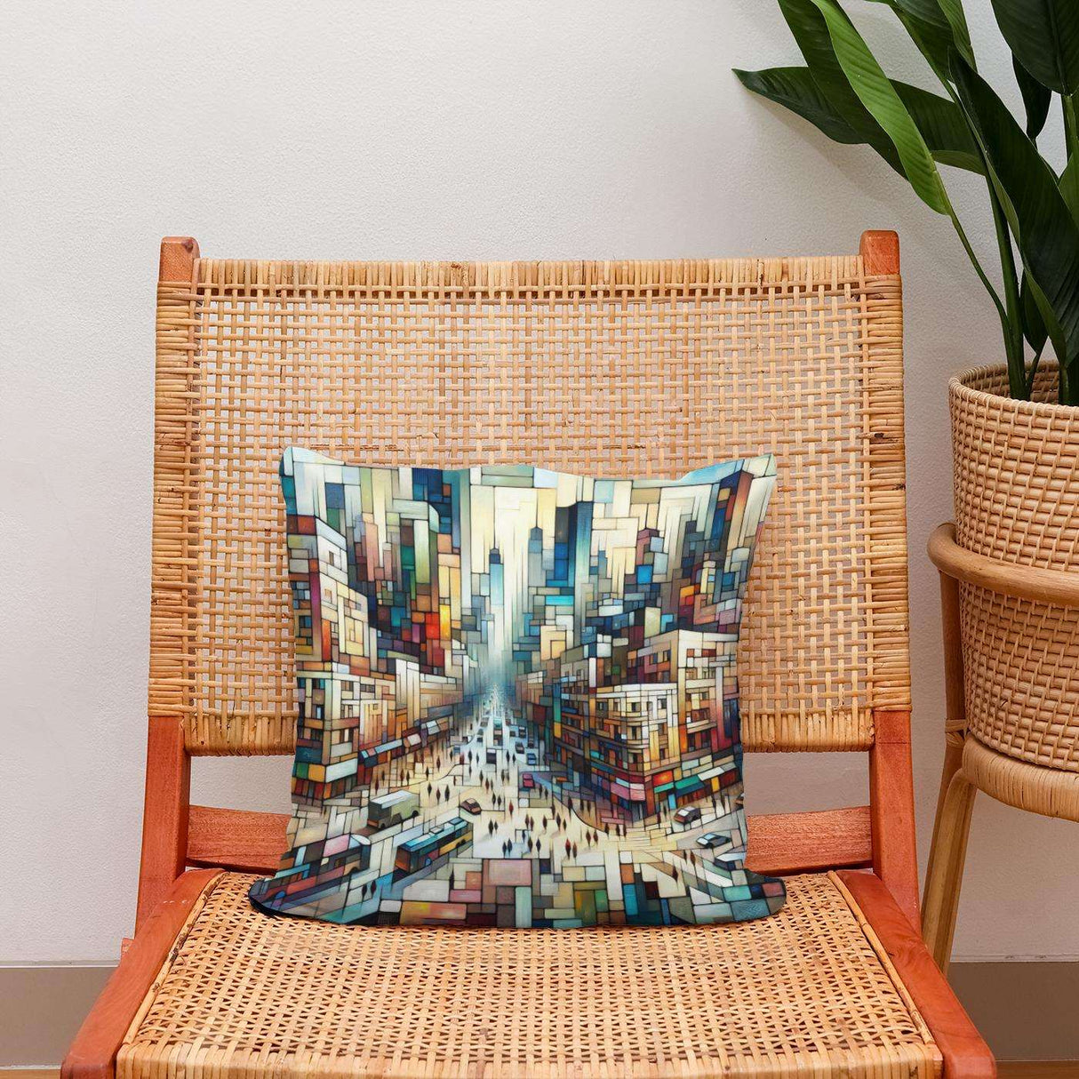 Decorative Cotton Cushion with Abstract Cityscape Design on a Natural Wood Chair