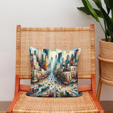 Decorative Cotton Cushion with Abstract Cityscape Design on a Natural Wood Chair