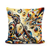 Colourful Cotton Cushion featuring a musician playing a saxophone with abstract musical notes