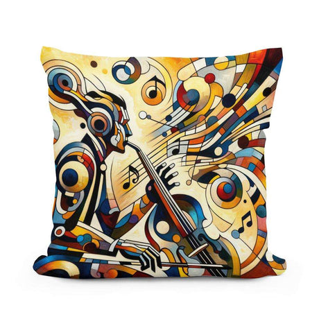 Colourful Cotton Cushion featuring a musician playing a saxophone with abstract musical notes