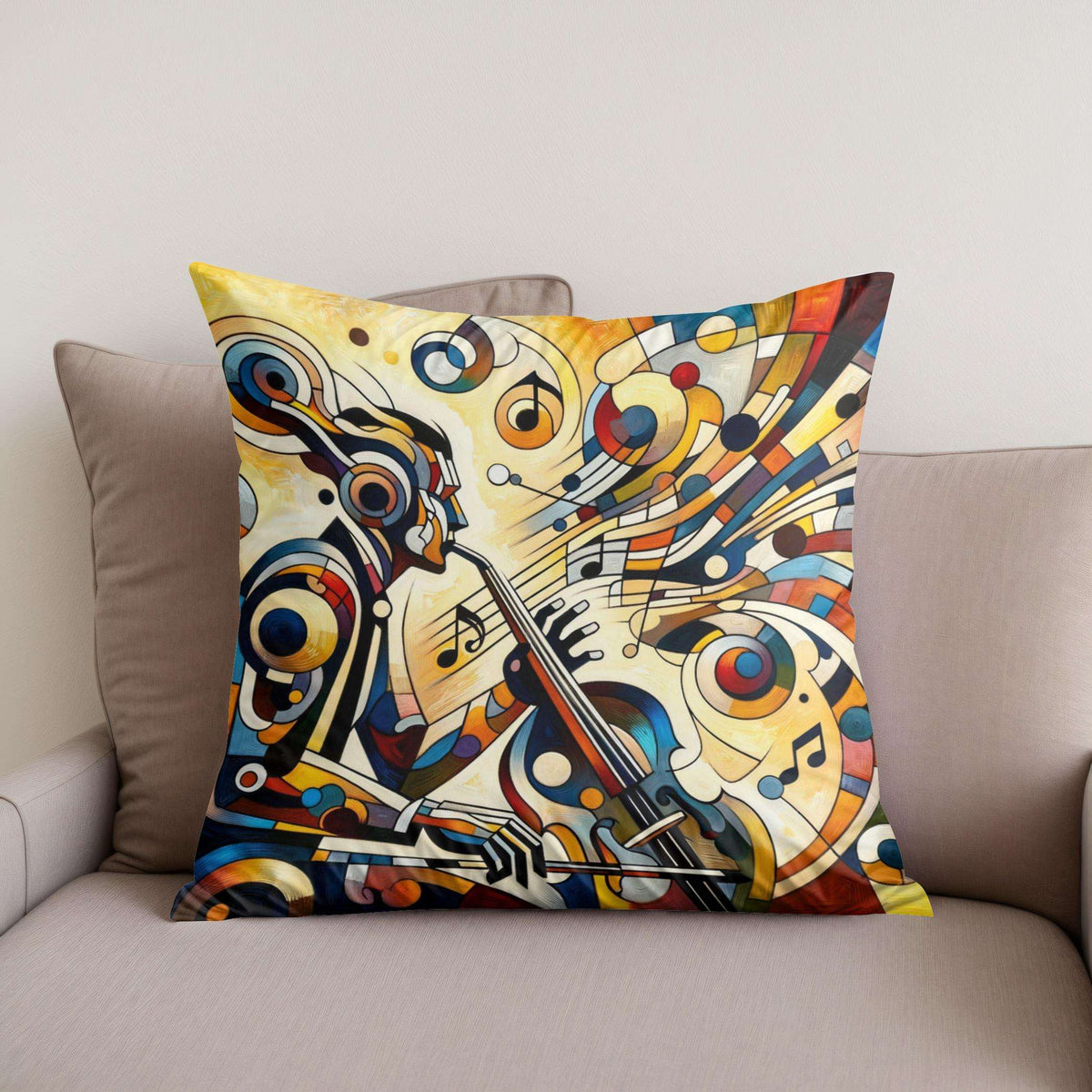 Stylish Cotton Cushion featuring a colourful abstract design of a musician with musical notes
