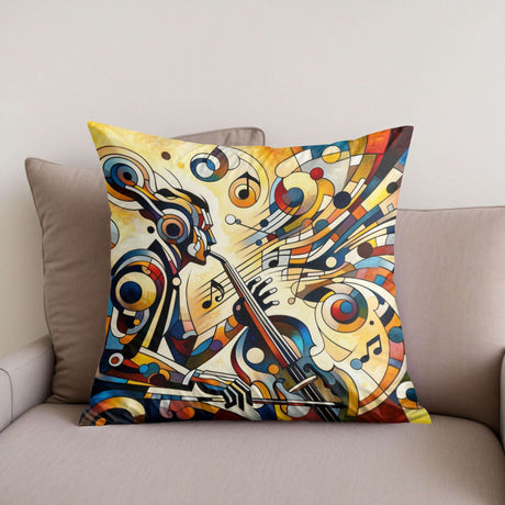 Stylish Cotton Cushion featuring a colourful abstract design of a musician with musical notes