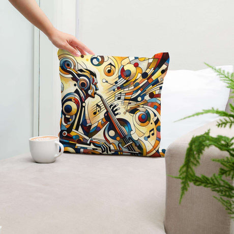 Colourful geometric design cotton cushion featuring a musician surrounded by musical notes