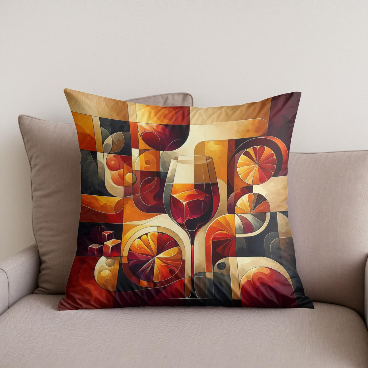 Artistic Cotton Cushion with Abstract Design Featuring Wine Glass and Fruits for Stylish Home Decor