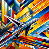 Vibrant abstract artwork featuring an airplane and bold geometric shapes on a cotton cushion