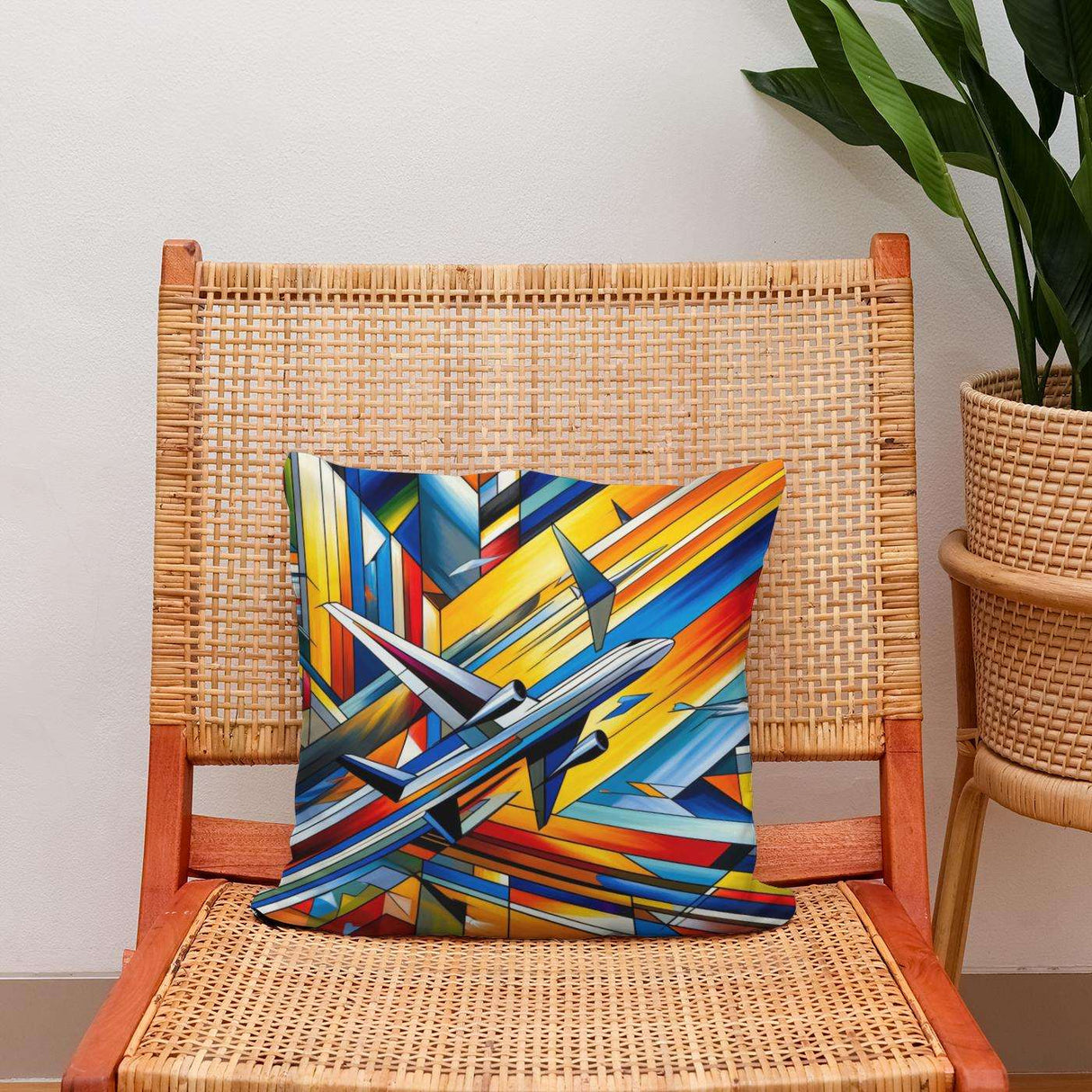 Vibrant cotton cushion with abstract airplane design, perfect for adding colour to any space