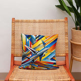 Vibrant cotton cushion with abstract airplane design, perfect for adding colour to any space
