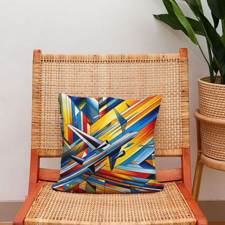 Vibrant cotton cushion with abstract airplane design, perfect for adding colour to any space