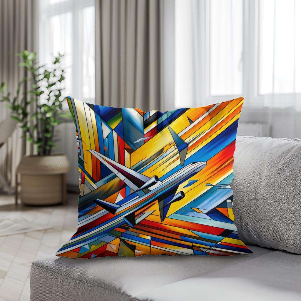 HOME ART HAVEN Cotton Cushion with a vibrant geometric design featuring an airplane