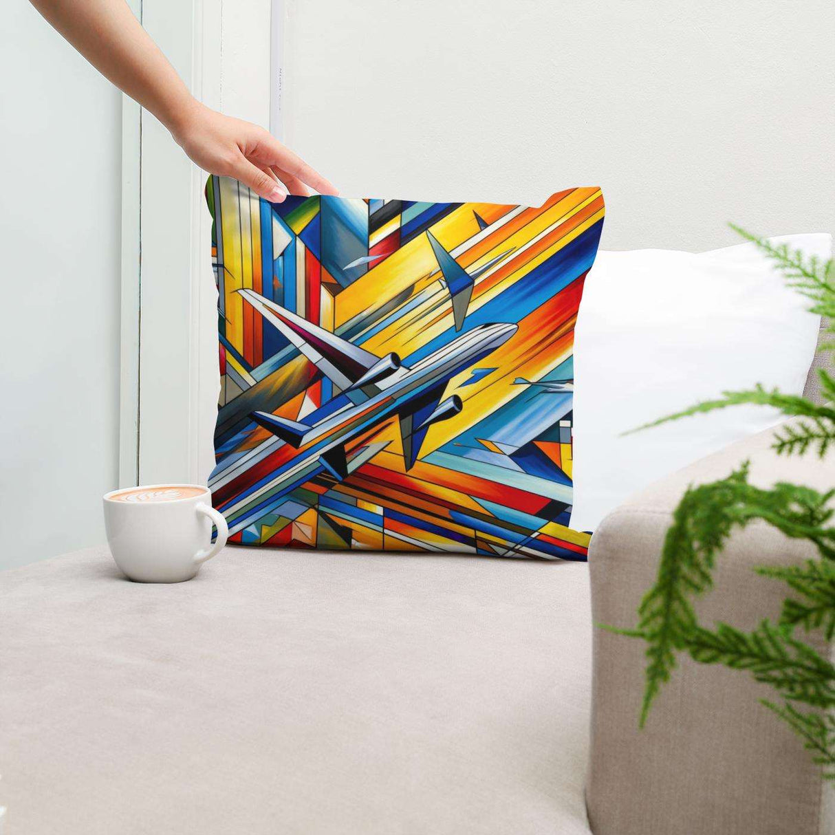 Vibrant Cotton Cushion featuring colourful geometric patterns and aircraft design for stylish home decor