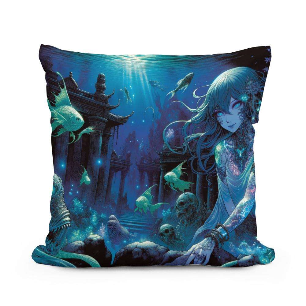 Cotton Cushion featuring a vibrant underwater scene with a mystical figure and aquatic life