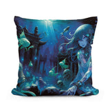 Cotton Cushion featuring a vibrant underwater scene with a mystical figure and aquatic life
