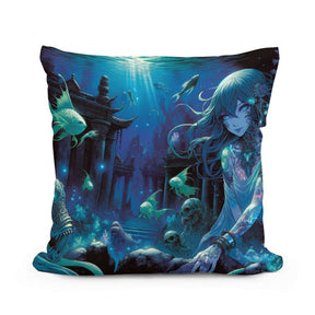 Cotton Cushion featuring a vibrant underwater scene with a mystical figure and aquatic life
