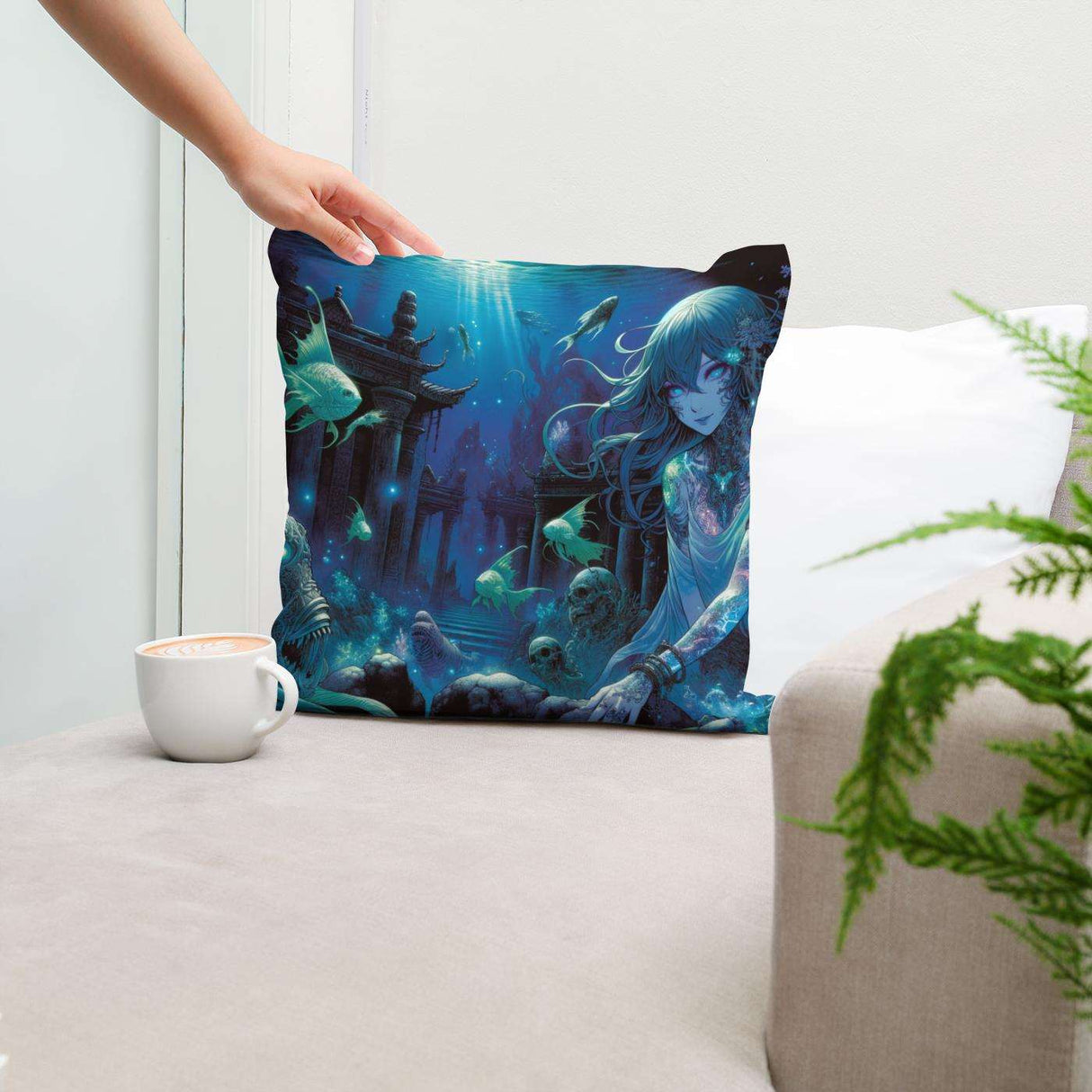 HOME ART HAVEN Cotton Cushion with vibrant underwater design featuring a mystical character and marine elements