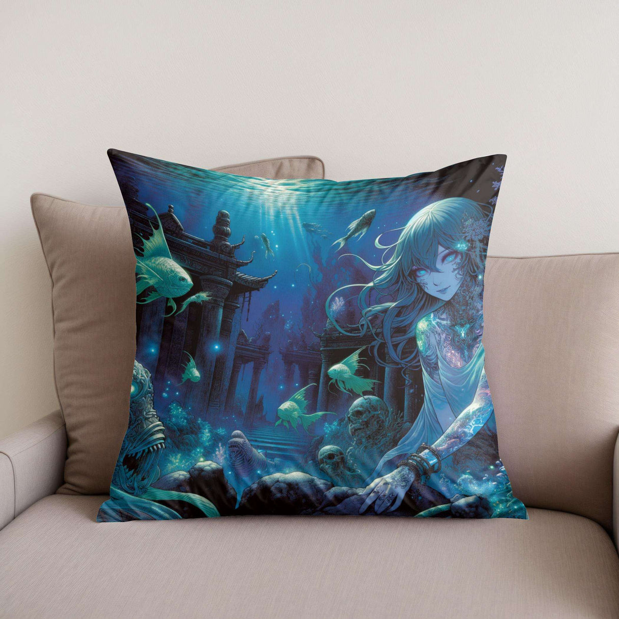 Home Art Haven Cotton Cushion featuring a mystical underwater scene with vibrant colours and detailed artwork