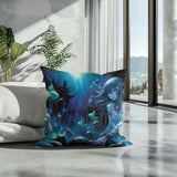 Colourful Cotton Cushion featuring a serene underwater scene with a girl and marine life