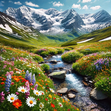 Beautiful garden landscape featuring vibrant flowers with a stream, ideal for relaxation with a Cotton Cushion