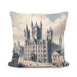 Home Art Haven Cotton Cushion featuring a castle design with intricate details and soft fabric